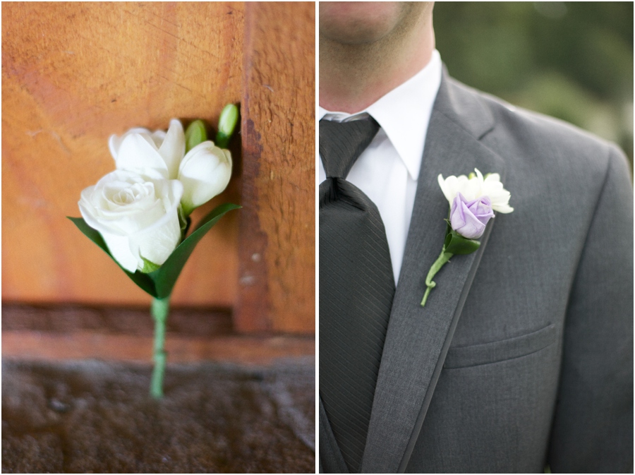 white rose boutonniere, purple and white boutonniere, southern wedding photography