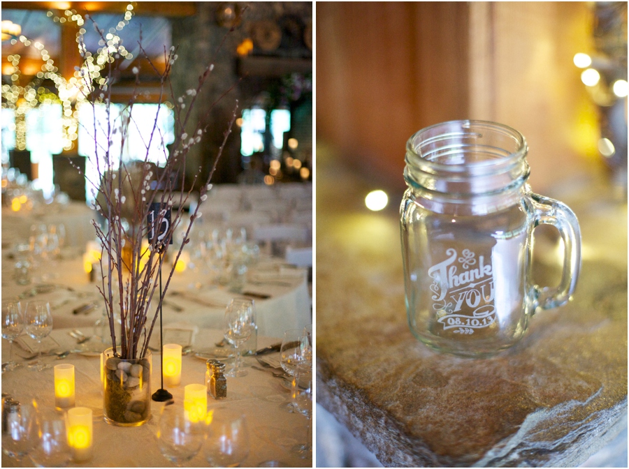 southern wedding reception table decor, personalized mason jar mugs as wedding favors
