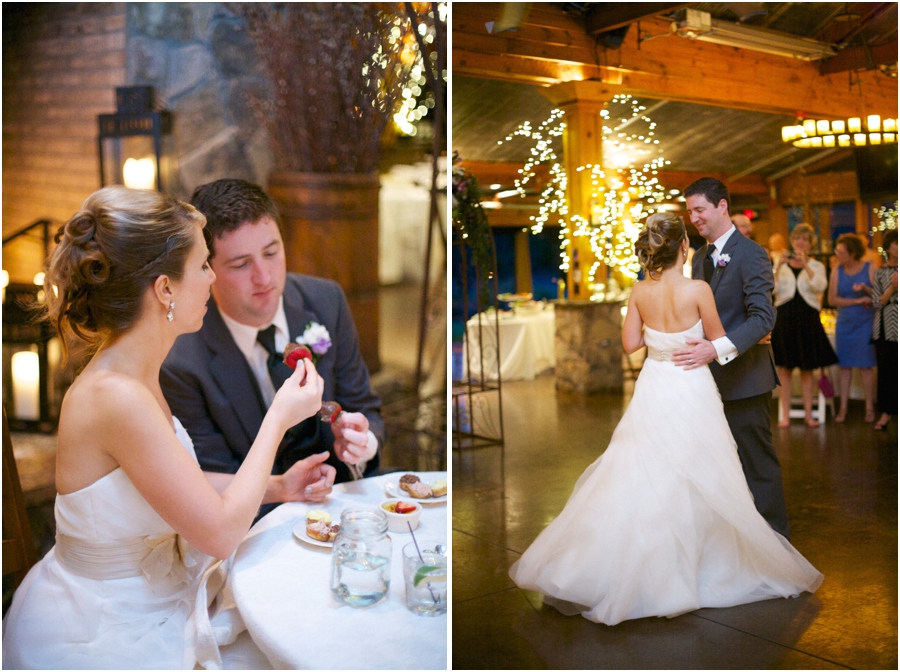 bride and groom enjoying chocolate covered strawberries, wedding reception photography