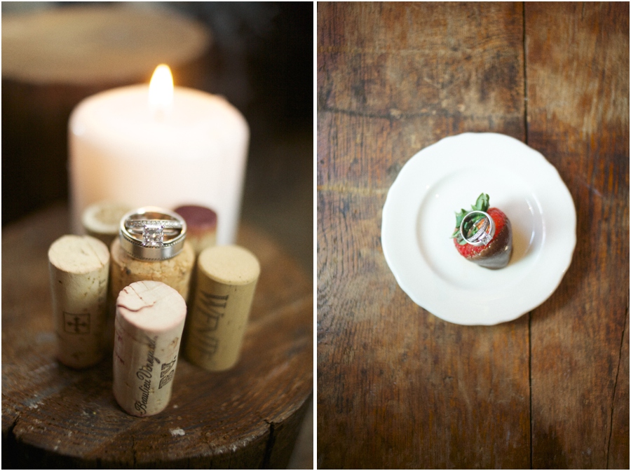 ring shot photography, wedding rings on wine corks, wedding bands on chocolate covered strawberry