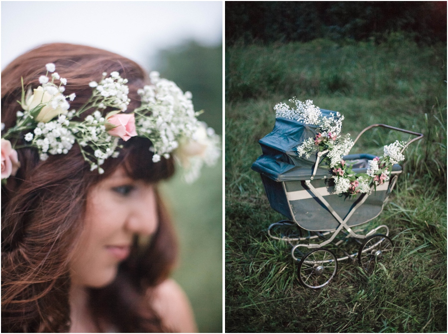 fresh flower crown with baby's breath and roses, vintage baby carriage
