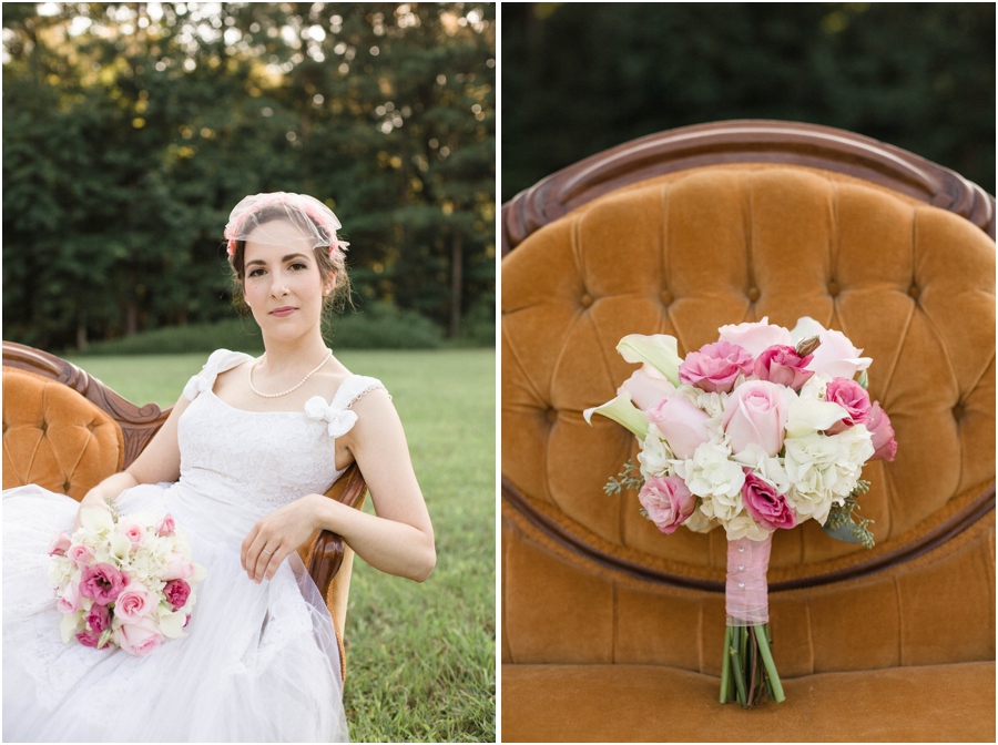 vintage bridal photography, vintage wedding dress, vintage couch, blush pink and cream bridal bouquet from Ninth Street Flowers