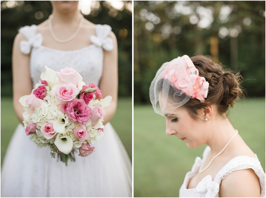 beautiful blush pink and cream bridal bouquet, vintage cage veil, vintage wedding photography 