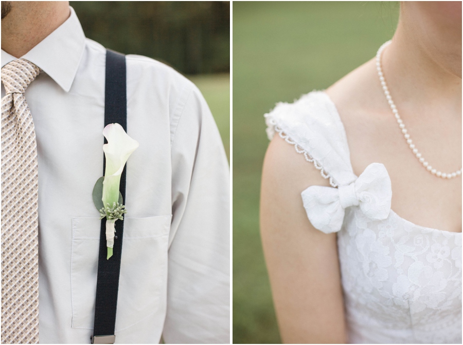 groom wearing boutonniere with suspenders, vintage wedding dress with cap sleeves  