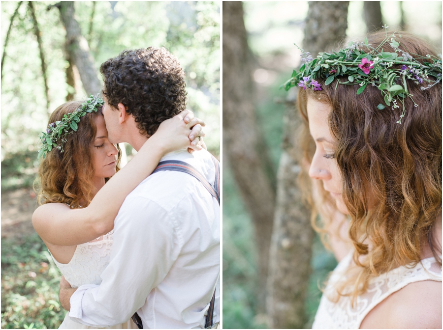 romantic bohemian engagement photography, wildflower crown 