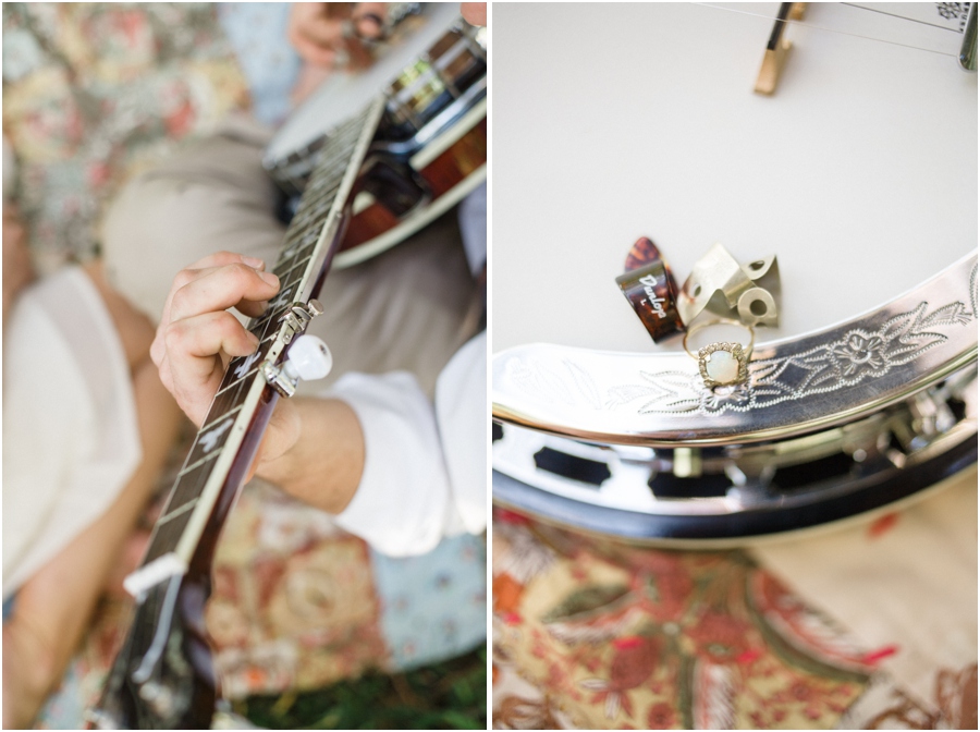 bohemian engagement photography, engagement ring on a banjo 