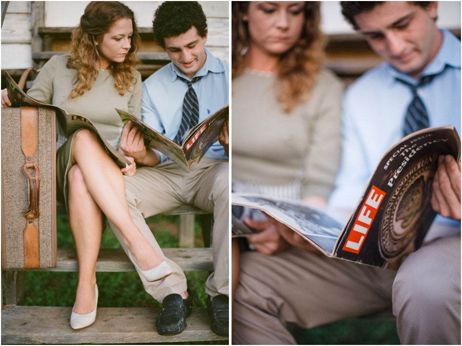 50s styled engagement, vintage suitcases and magazines, vintage engagement photographers 