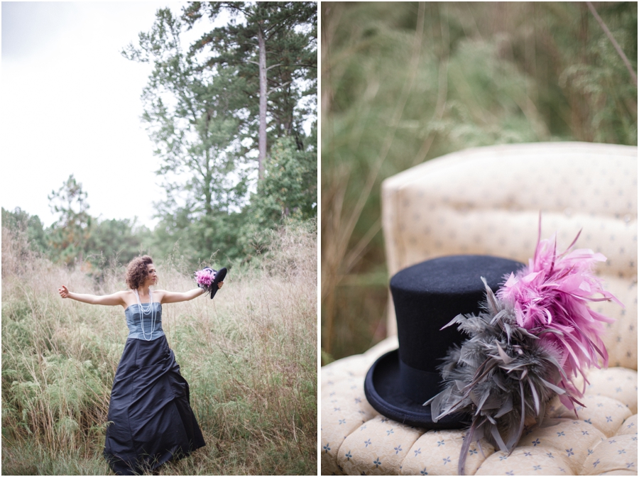 romantic bohemian photography, vintage top hat with pink and grey feathers