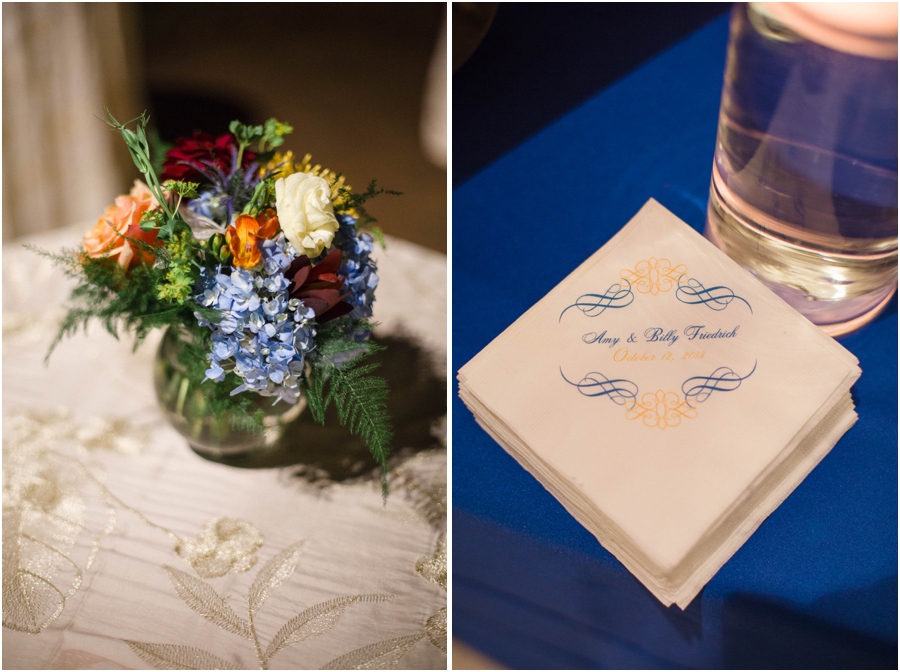 flowers in a vase, personalized napkins at southern wedding reception