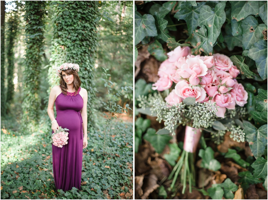 woodsy maternity photography, blush pink rose and baby's breath bouquet