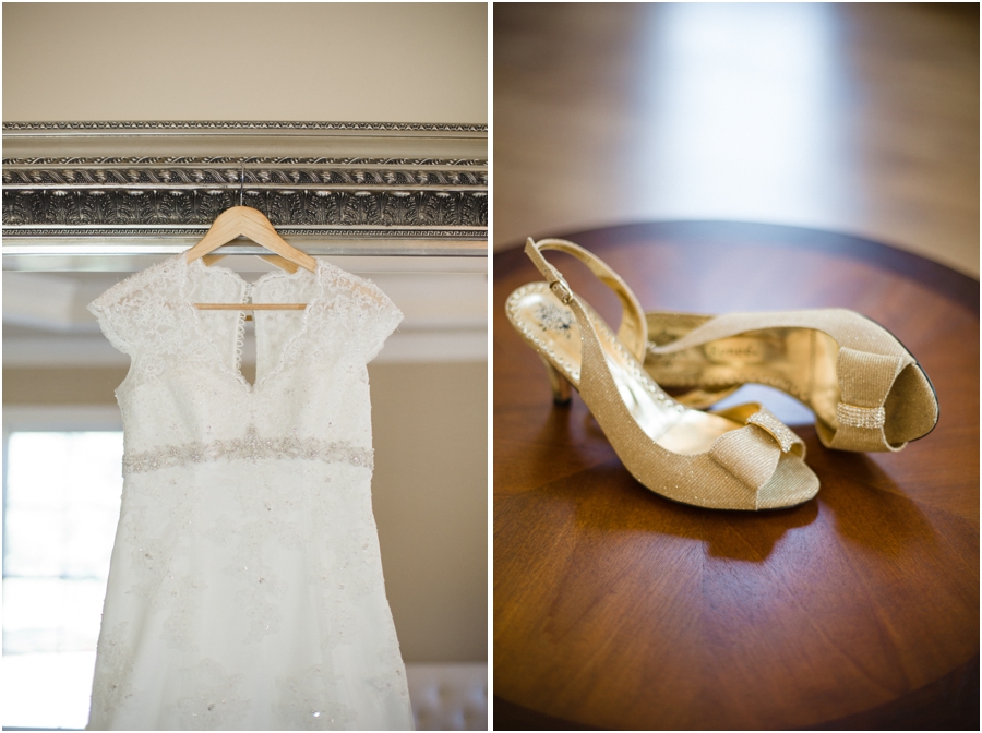 lace detailed wedding dress from david's bridal, bow bridal shoes