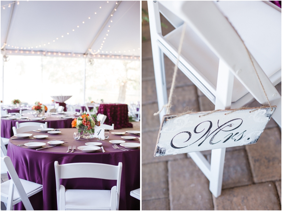 purple and white wedding reception, rustic wedding photography