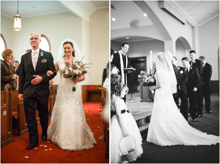 father and bride walking down the aisle, black and white wedding photography