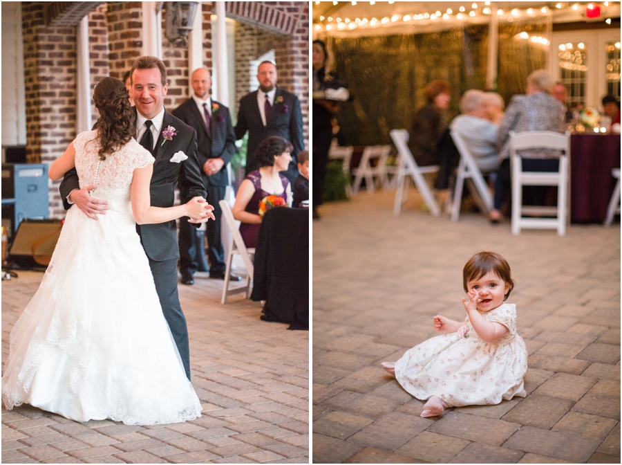 bride and groom dancing at wedding reception, little girl at wedding reception