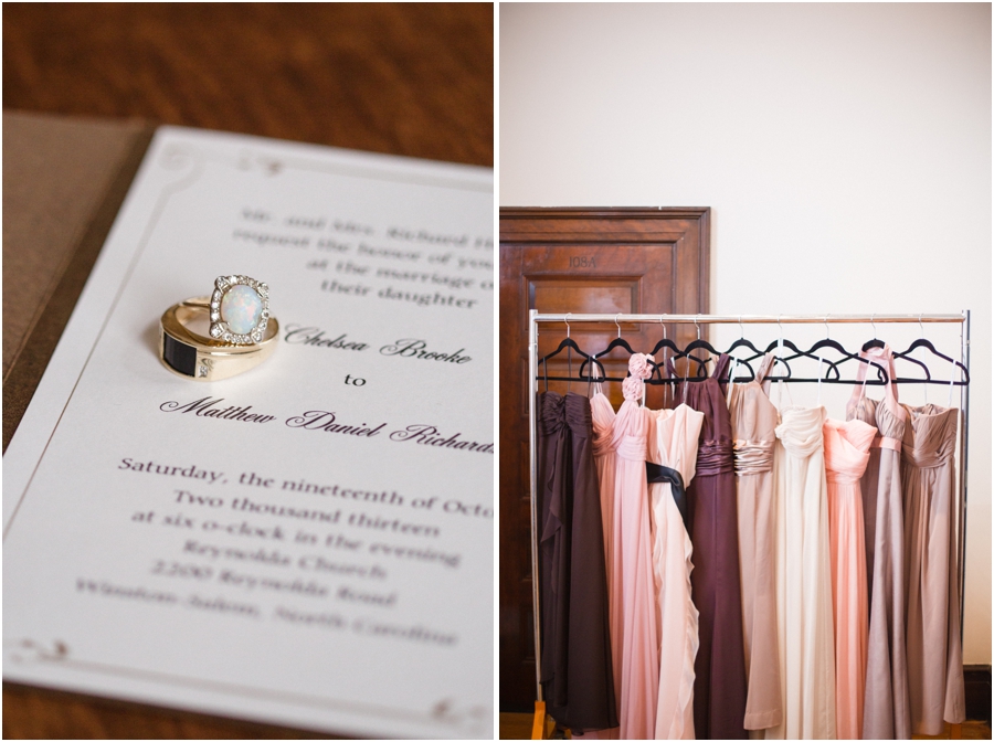 vintage wedding bands on wedding stationary, assorted bridesmaid dresses