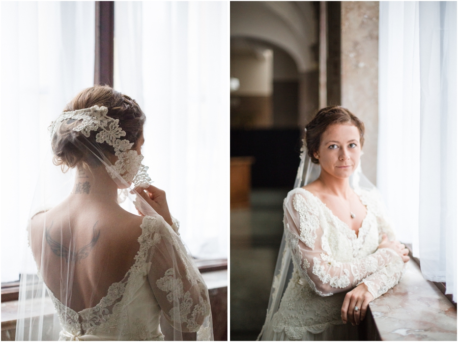 bride with back tattoo, vintage bridal photography
