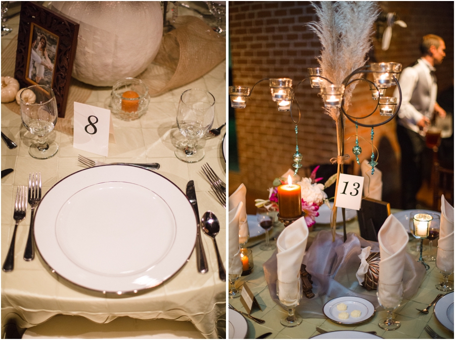 table settings at winston-salem nc wedding reception, bohemian wedding photography