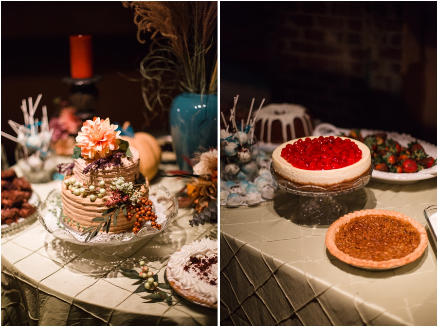 autumn wedding cake, dessert bar with treats made by friends and family at wedding reception