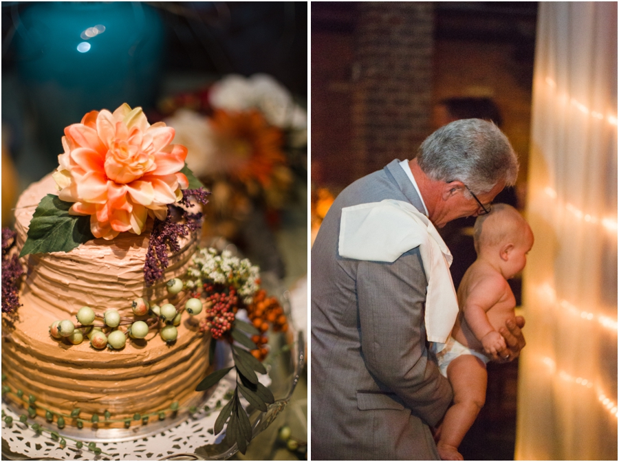 beautiful autumn wedding cake, guests at wedding reception