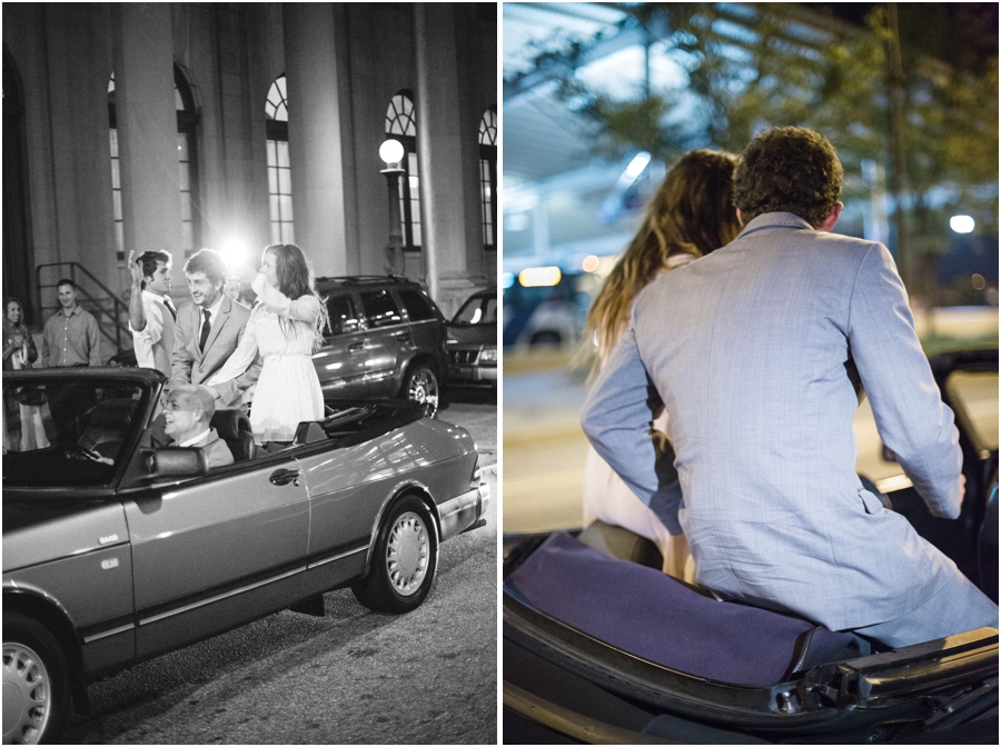 bride and groom in the back of a convertible, southern wedding photography 