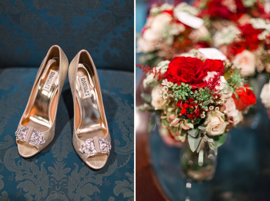 bridal slippers, blush and red bridal bouquets from the English Garden