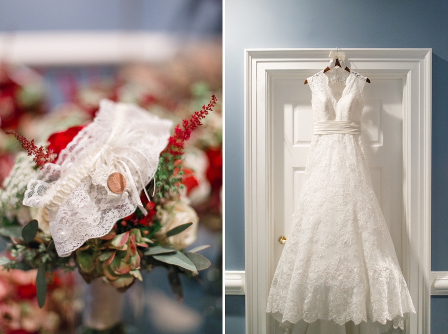 heirloom garter with penny for good luck, bridal gown from Victorian Rose Bridals