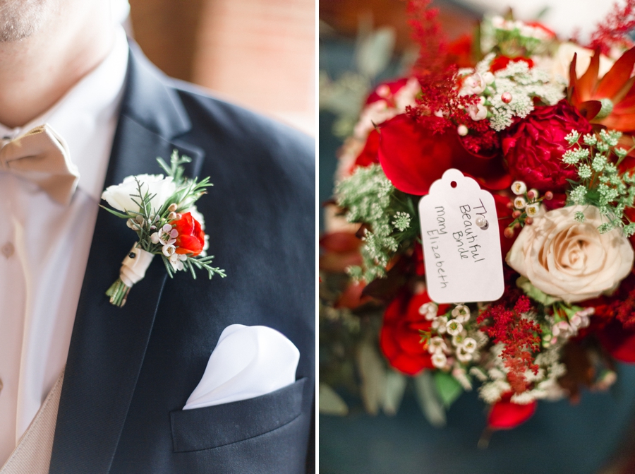 groom's boutonniere with blush and red flowers, bride's bouquet
