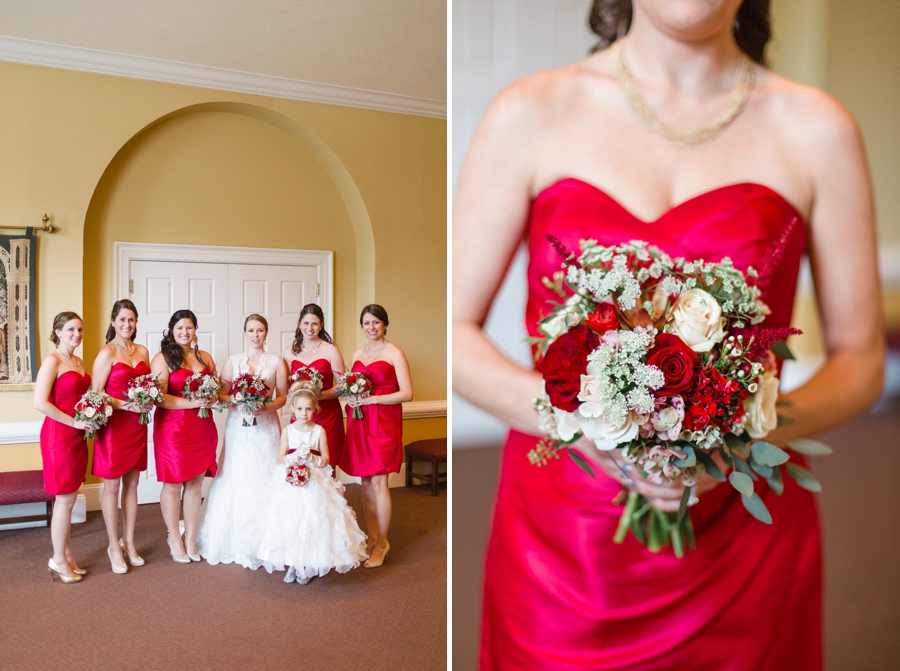 bridal party photography, red bridesmaid dresses