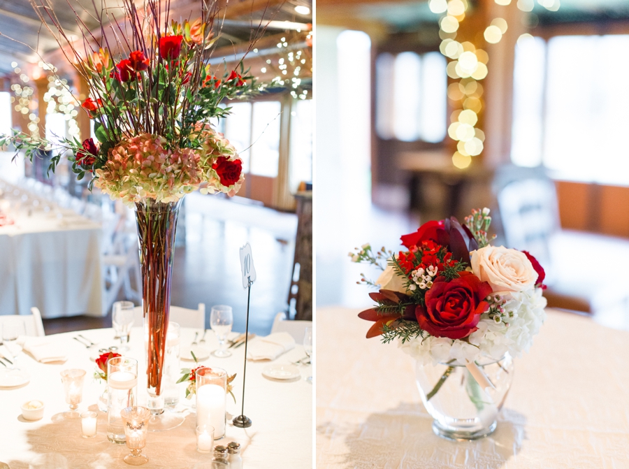 blush and red floral centerpieces, angus barn wedding reception