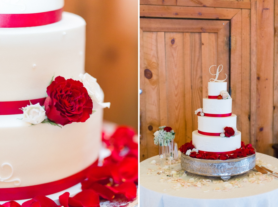 wedding cake with red accents by Sweet Memories Bakery