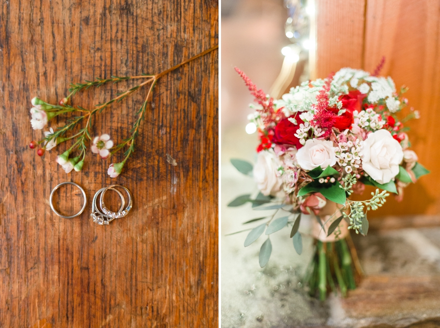 romantic ring shot, blush and red bridal bouquet