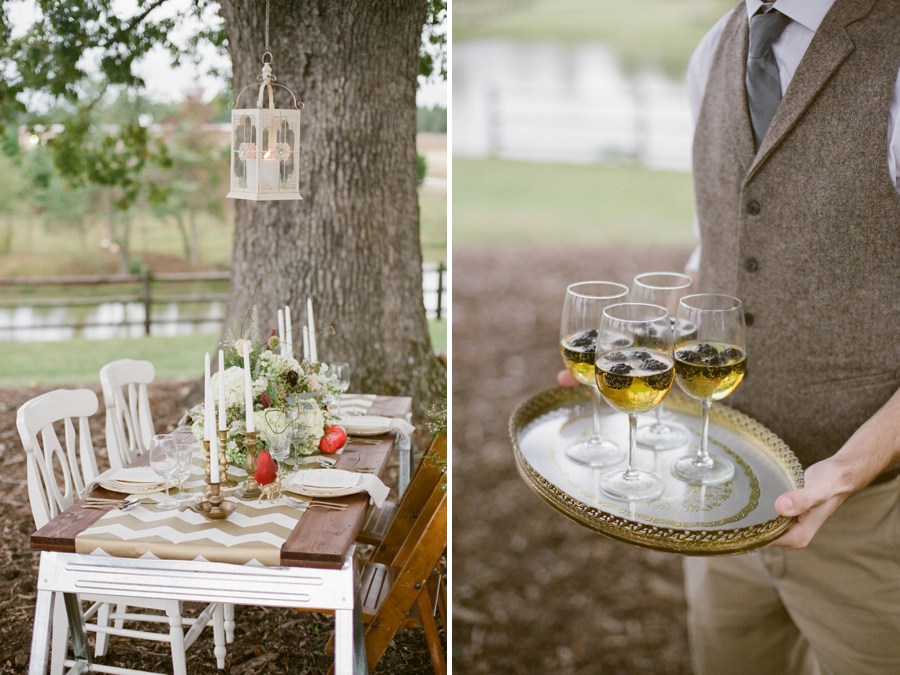 intimate outdoor wedding reception, vintage drink tray