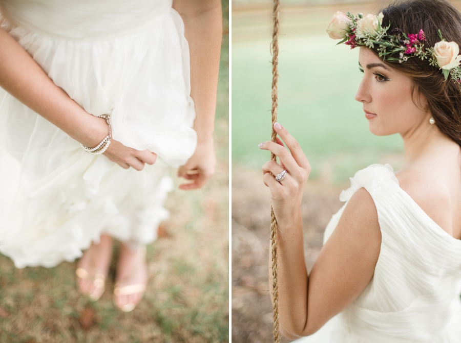 ruche wedding dress, bride with a flower crown