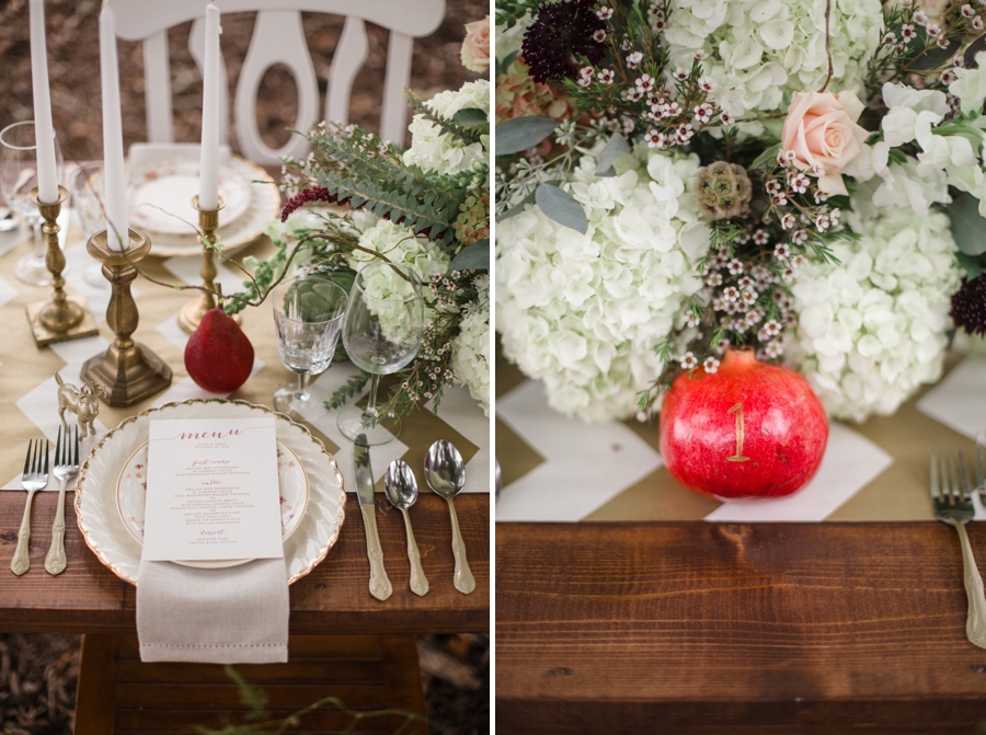 bohemian wedding reception inspiration, pomegranates on wedding reception tables